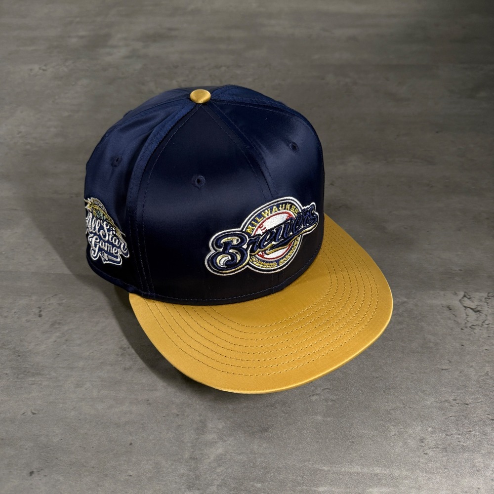 New Era Milwaukee Brewers Hat 7 1/2 Navy Gold‎ Satin 2002 All Star Game Patch